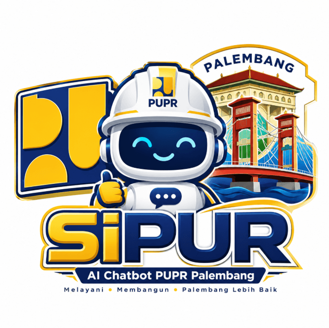 Logo SiPandai — asisten AI chatbot Dinas PUPR Kota Palembang, bermaskot robot berhelm proyek dengan latar Jembatan Ampera